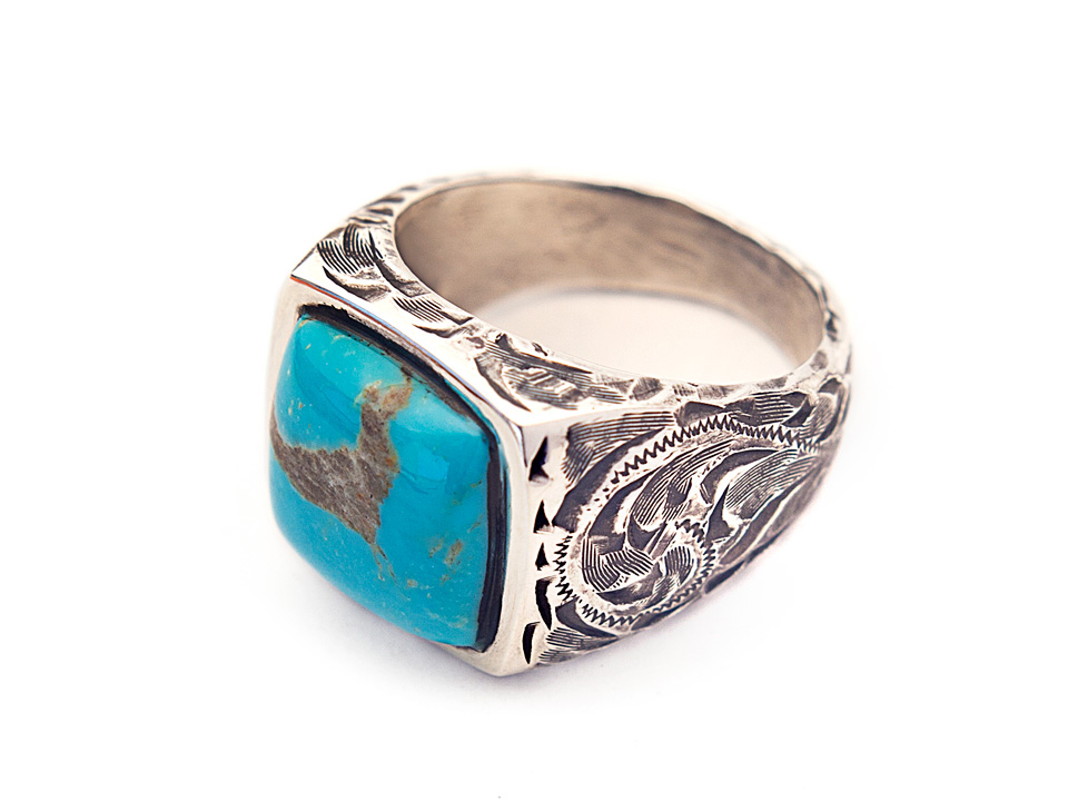 Vintage Class Ring for him Elf Curve Patterned Silver Men's Ring Turquoise Stone Ring for Men